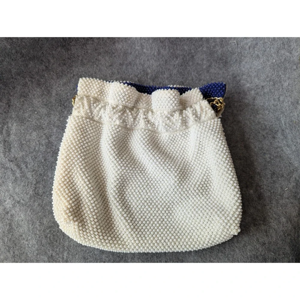 Vintage Reversible Beaded Blue & White Retro Hippie Bag Purse Drawstring Cinch